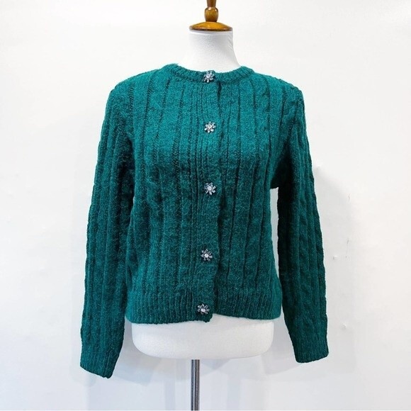 Zara Knit Cardigan With Jewel Buttons Bottle Green Size Medium NEW NWT - Picture 9 of 14
